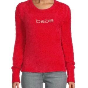 BEBE Rhinestones Embellished Logo Red Fuzzy Sweater Top New